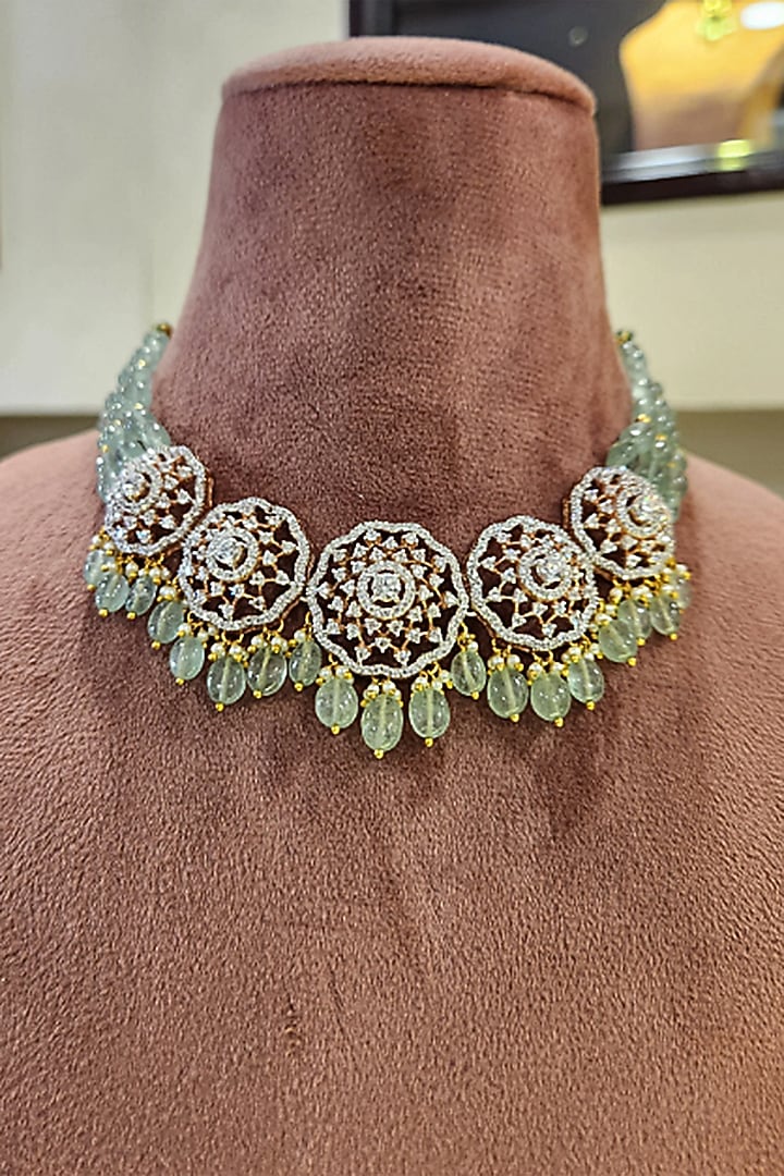 Yellow Gold Rhodium Finish Kundan Polki Necklace Set In Sterling Silver by Fine Silver Jewels at Pernia's Pop Up Shop