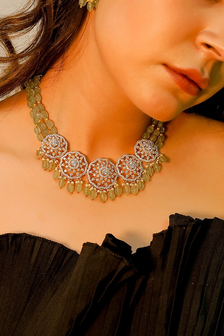 Yellow Gold Rhodium Finish Kundan Polki Necklace Set In Sterling Silver by Fine Silver Jewels at Pernia's Pop Up Shop