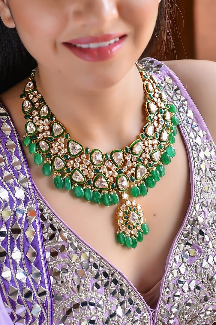 Gold Finish Kundan Polki Necklace In Sterling Silver by Fine Silver Jewels