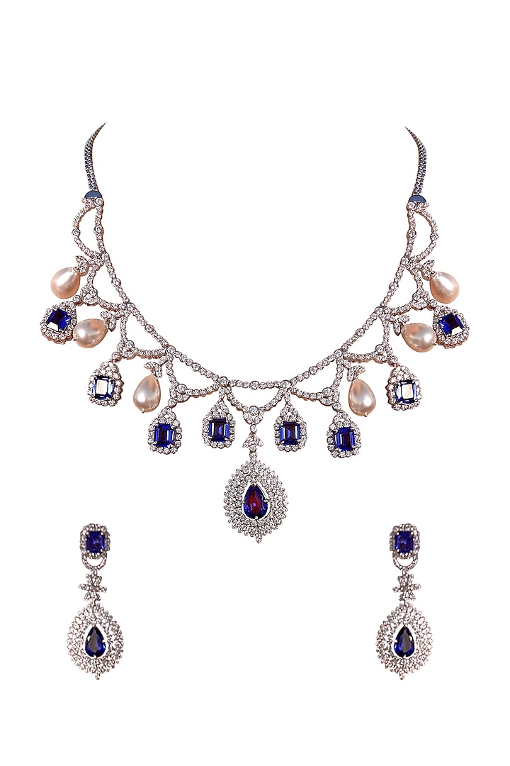 White Finish Blue Stone Necklace Set In Sterling Silver by Fine Silver Jewels at Pernia's Pop Up Shop