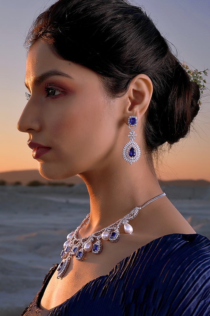 White Finish Blue Stone Necklace Set In Sterling Silver by Fine Silver Jewels at Pernia's Pop Up Shop