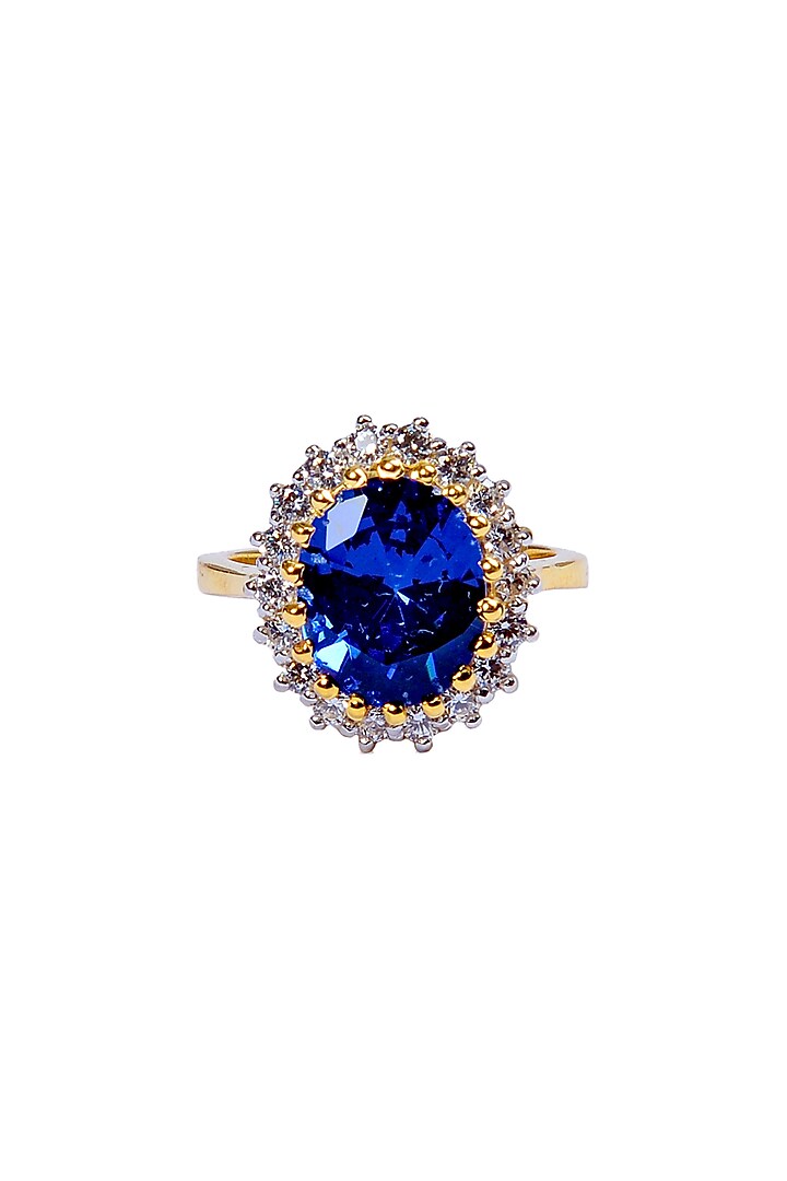 Gold Finish Blue Stone Ring In Sterling Silver by Fine Silver Jewels