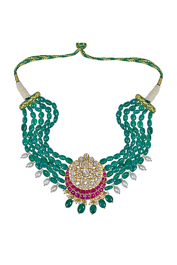 Gold Finish Green Beaded Choker Necklace In Sterling Silver by Fine Silver Jewels at Pernia's Pop Up Shop