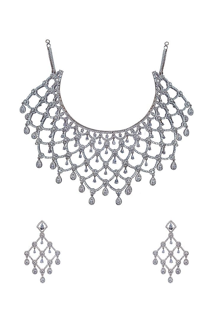White Finish Swarovski Choker Necklace Set In Sterling Silver by Fine Silver Jewels at Pernia's Pop Up Shop