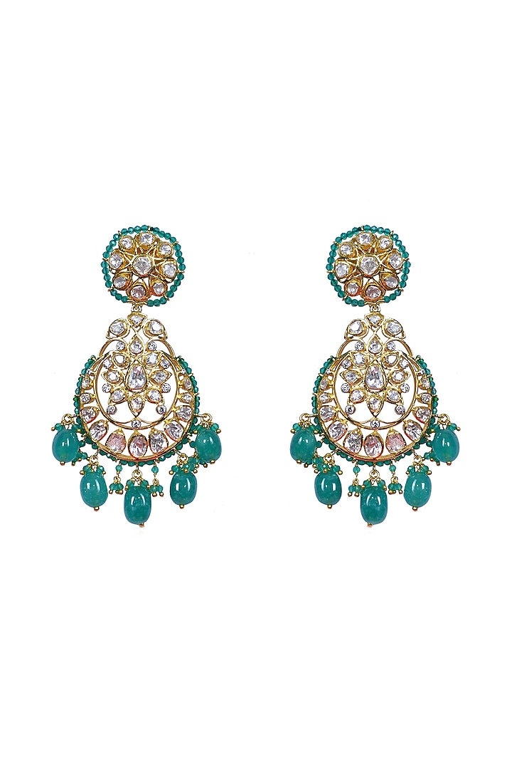 Gold Finish Polki Chandbali Earrings In Sterling Silver by Fine Silver Jewels