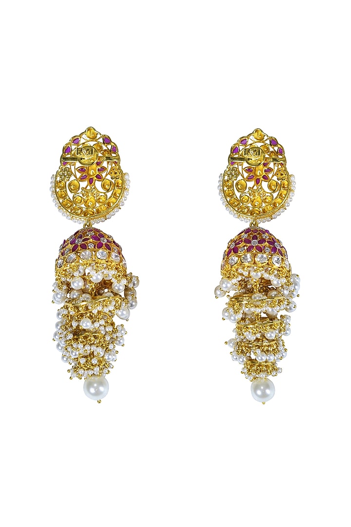 Gold Finish Ruby Jhumka Earrings In Sterling Silver by Fine Silver Jewels at Pernia's Pop Up Shop