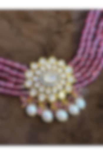 Gold Finish Kundan Necklace In Sterling Silver by Fine Silver Jewels at Pernia's Pop Up Shop