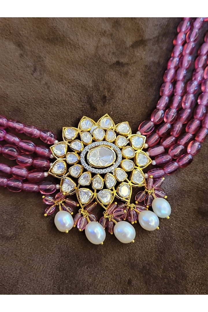 Gold Finish Kundan Necklace In Sterling Silver by Fine Silver Jewels at Pernia's Pop Up Shop