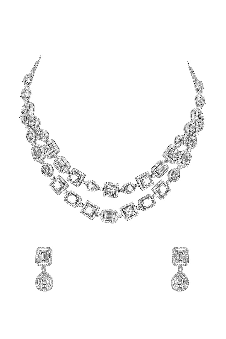 White Finish Swarovski Necklace Set In Sterling Silver by Fine Silver Jewels