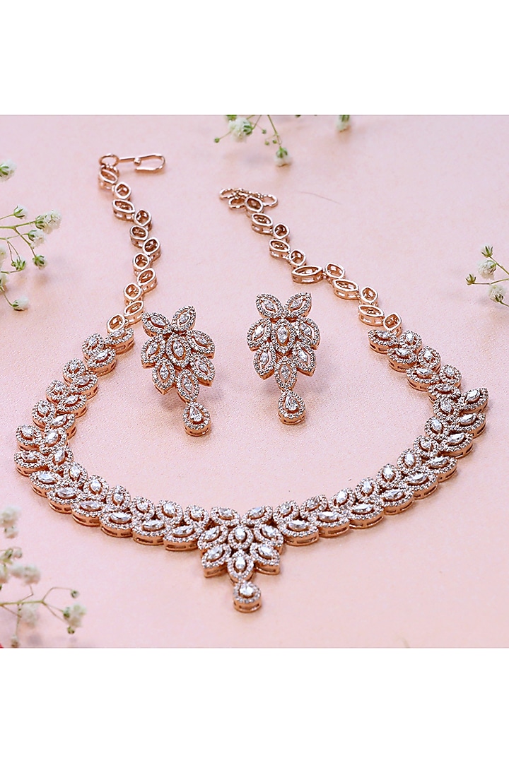 Rose Gold Finish Cz Necklace Set In Sterling Silver by Fine Silver Jewels