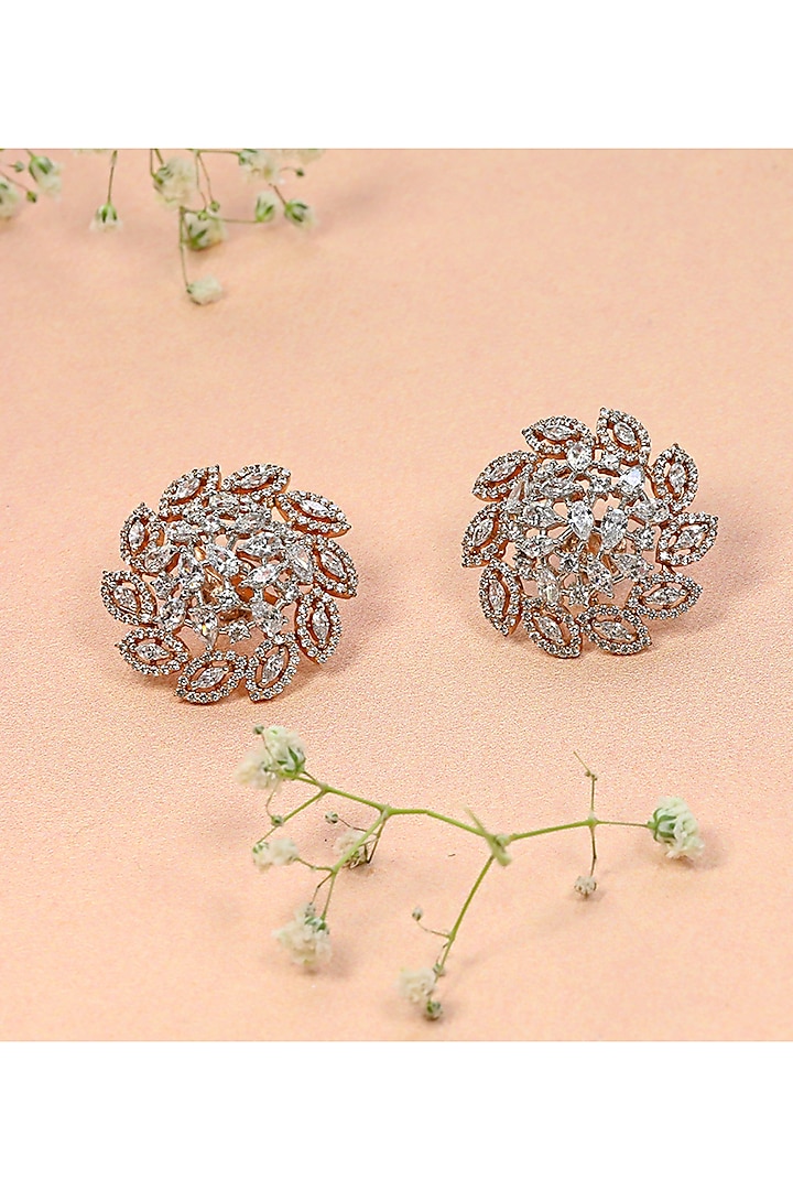 Rose Gold Finish Cz Stud Earrings In Sterling Silver by Fine Silver Jewels