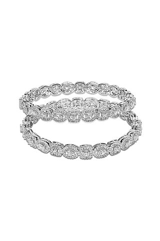 White Finish Synthetic Stones Bangles In Sterling Silver (Set Of 2) by Fine Silver Jewels