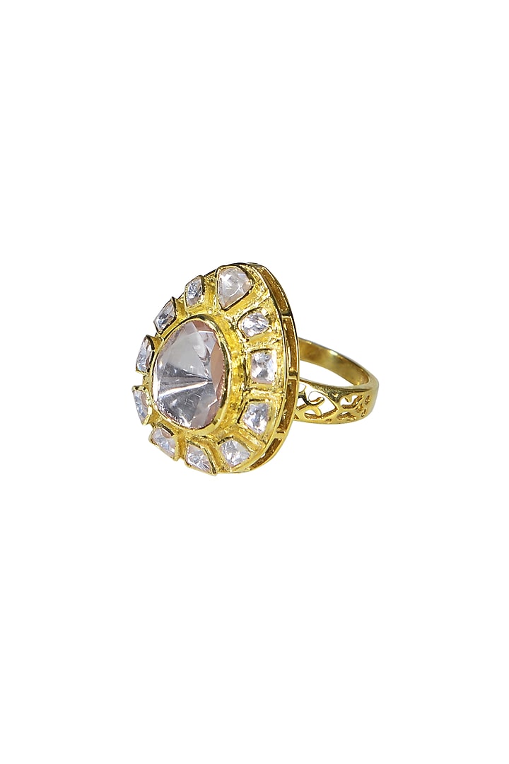 Gold Finish Moissanite Polki Ring In Sterling Silver by Fine Silver Jewels at Pernia's Pop Up Shop
