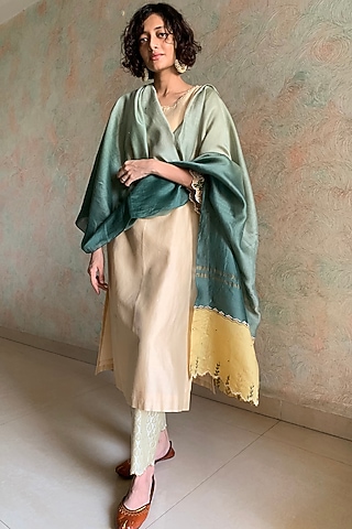 Beige Embroidered Straight Kurta Set by FINE THREADS BY HINA & NIKHAT