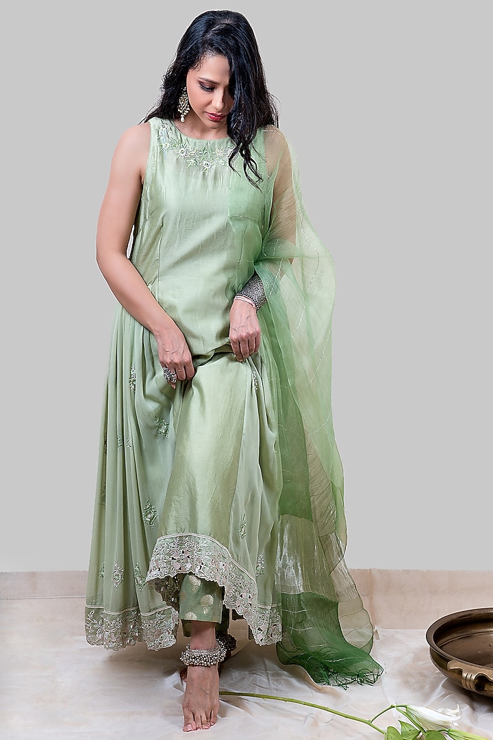 Mint Embroidered Tunic Set by FINE THREADS BY HINA & NIKHAT