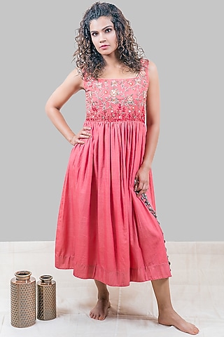 Hot Coral Embroidered Midi Dress by FINE THREADS BY HINA & NIKHAT