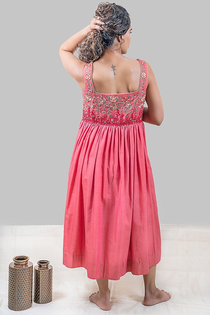 Hot Coral Embroidered Midi Vacation Dress by FINE THREADS BY HINA & NIKHAT at Pernia's Pop Up Shop