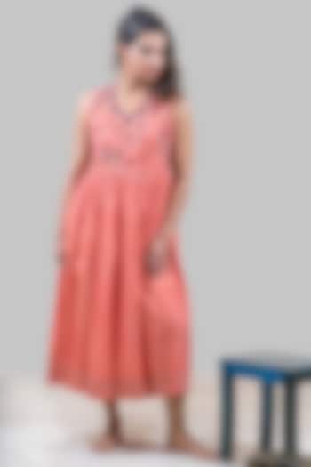 Coral Embroidered Midi Summer Dress by FINE THREADS BY HINA & NIKHAT at Pernia's Pop Up Shop