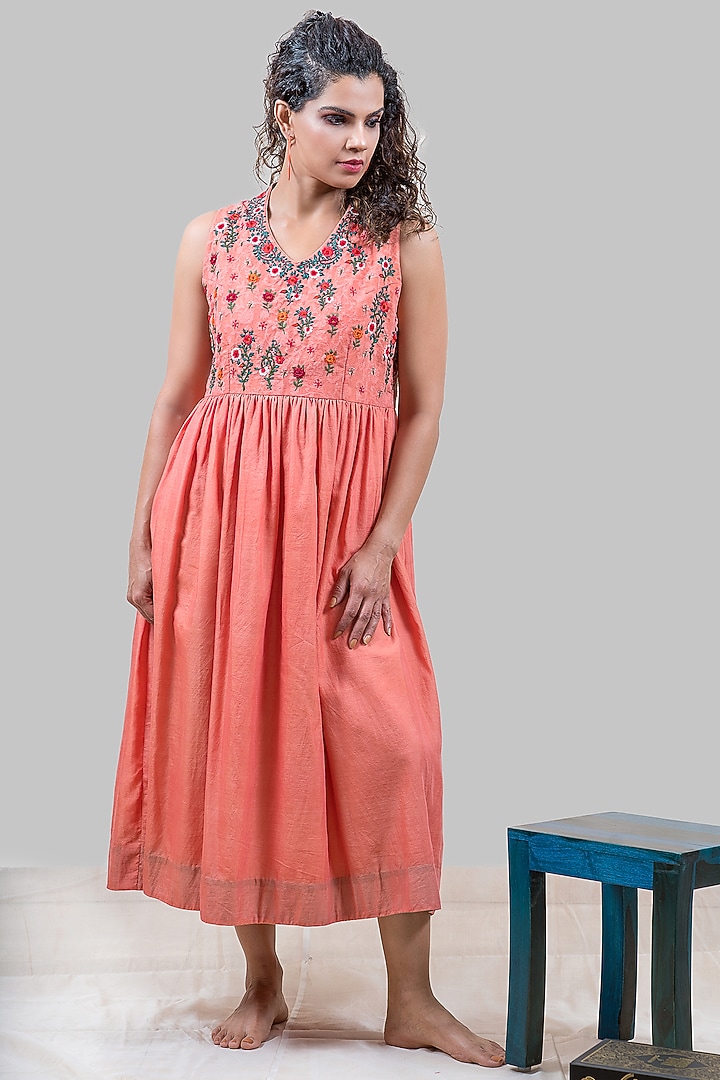Coral Embroidered Midi Summer Dress by FINE THREADS BY HINA & NIKHAT at Pernia's Pop Up Shop
