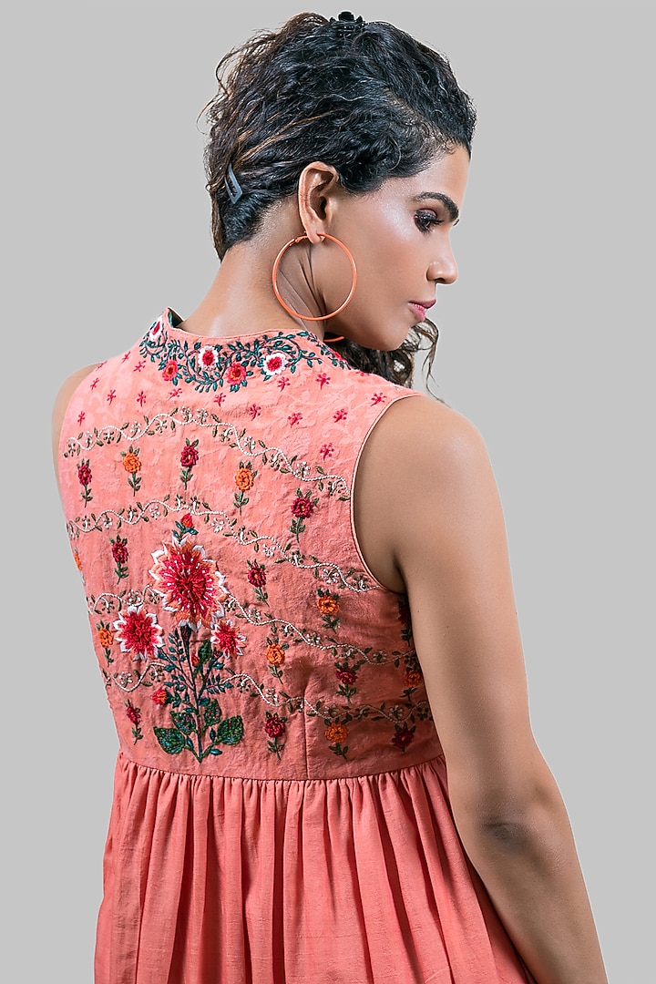 Coral Embroidered Midi Summer Dress by FINE THREADS BY HINA & NIKHAT at Pernia's Pop Up Shop