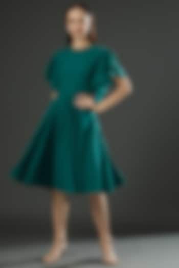 Teal Green Ruched & Flared Dress by FINE THREADS BY HINA & NIKHAT