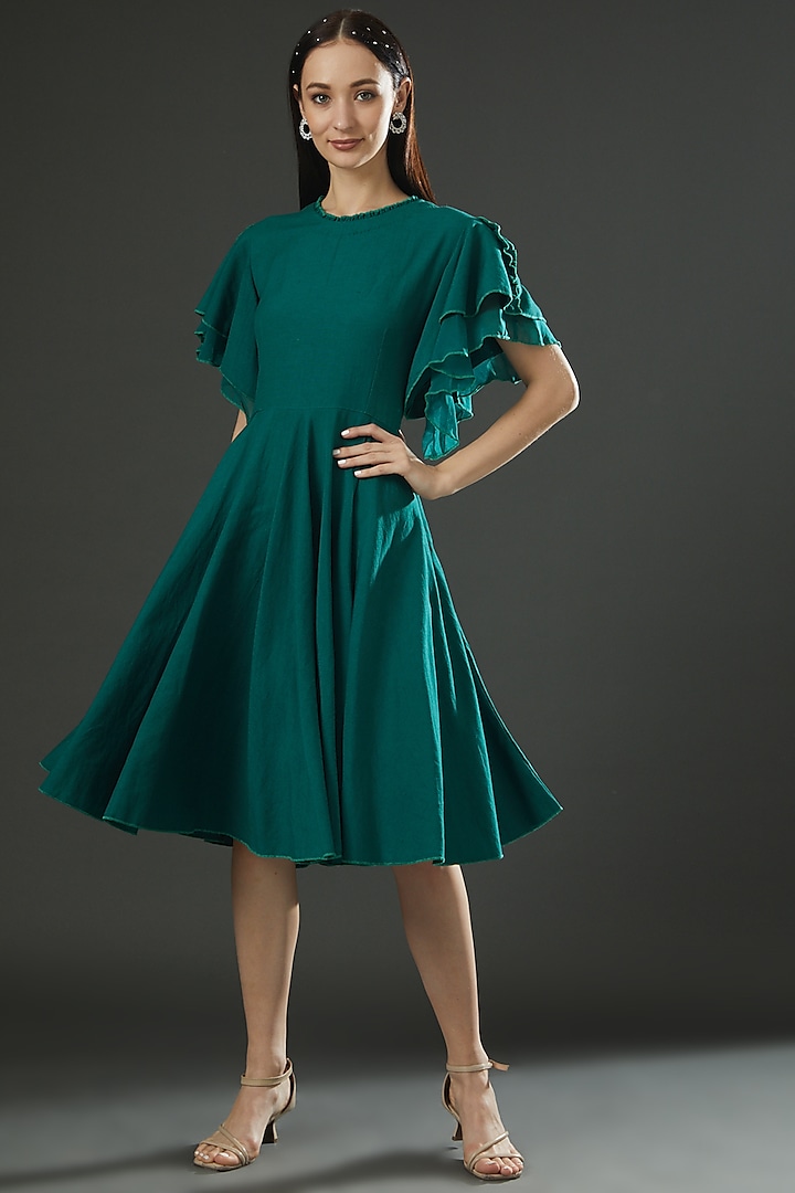 Teal Green Ruched & Flared Dress by FINE THREADS BY HINA & NIKHAT