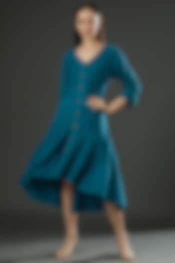 Teal Blue Cotton Linen High-Low Dress by FINE THREADS BY HINA & NIKHAT