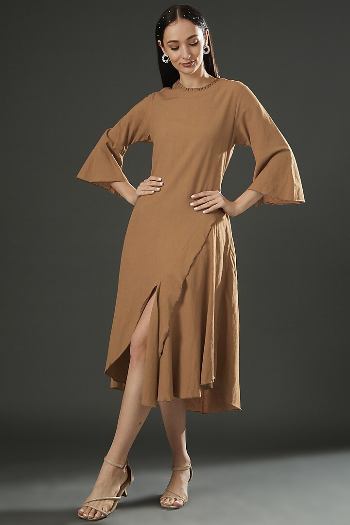 Brown Cotton Linen Dress by FINE THREADS BY HINA & NIKHAT