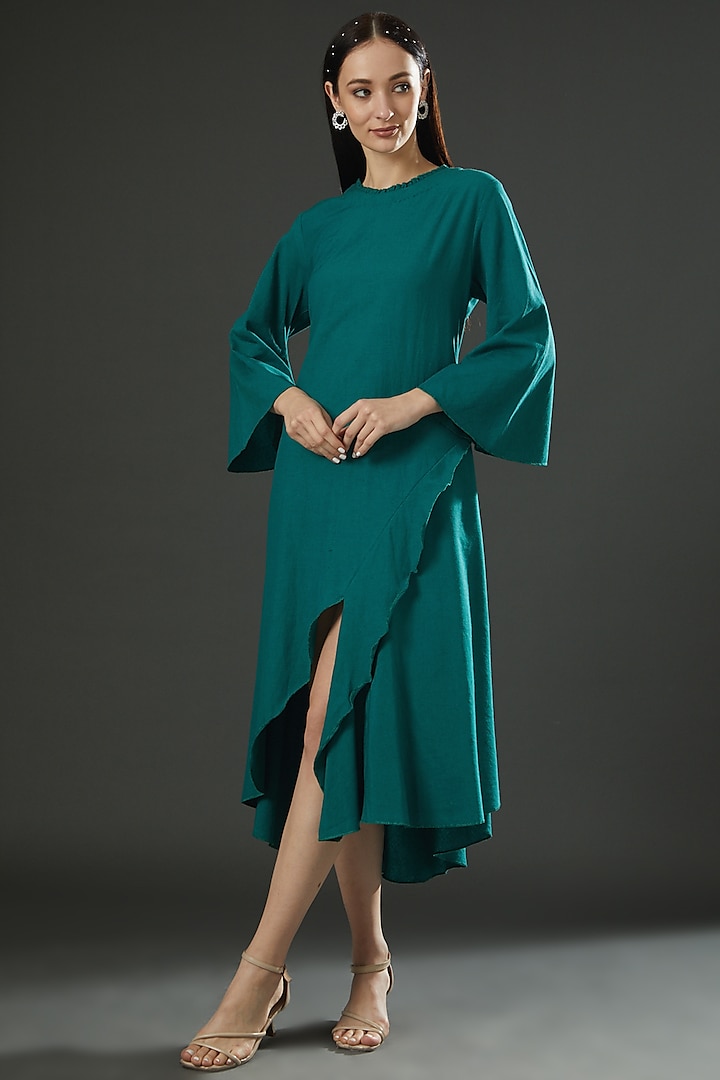 Teal Green Cotton Linen Dress by FINE THREADS BY HINA & NIKHAT