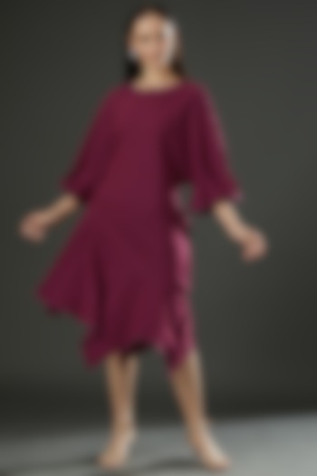 Maroon Cotton Linen Asymmetric Dress by FINE THREADS BY HINA & NIKHAT