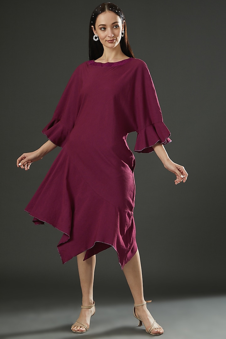 Maroon Cotton Linen Asymmetric Dress by FINE THREADS BY HINA & NIKHAT