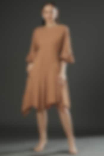 Brown Cotton Linen Asymmetric Dress by FINE THREADS BY HINA & NIKHAT