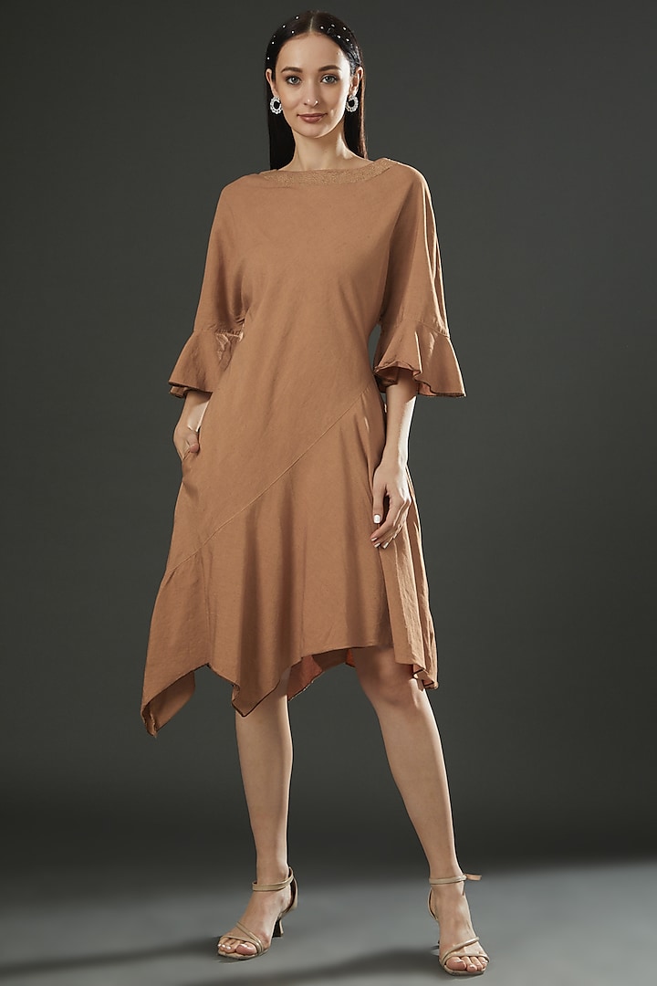 Brown Cotton Linen Asymmetric Dress by FINE THREADS BY HINA & NIKHAT