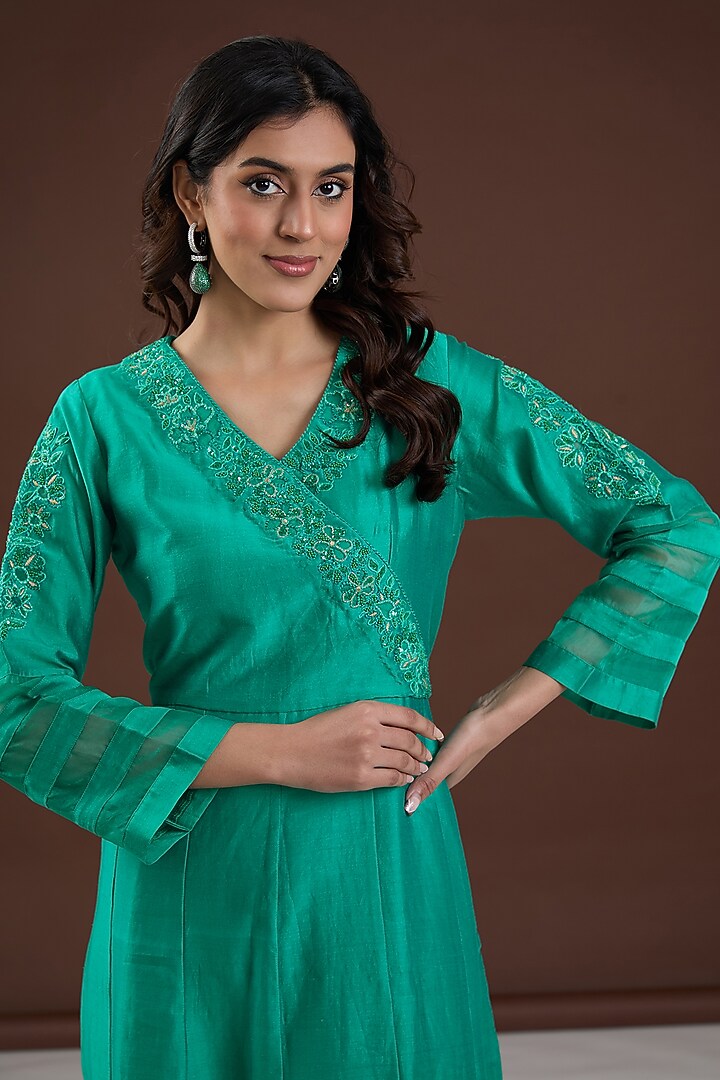 Persian Green Chanderi Silk Dori Embroidered Party Wear Anarkali Set by FINE THREADS BY HINA & NIKHAT at Pernia's Pop Up Shop