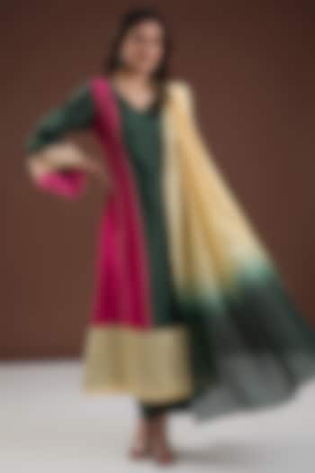 Multi-Colored Chanderi Silk A-Line Kurta Set by FINE THREADS BY HINA & NIKHAT