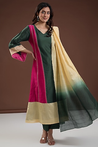 Multi-Colored Chanderi Silk A-Line Kurta Set by FINE THREADS BY HINA & NIKHAT