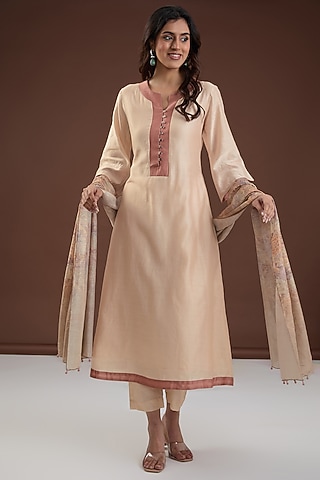 Champagne Chanderi Silk A-Line Kurta Set by FINE THREADS BY HINA & NIKHAT