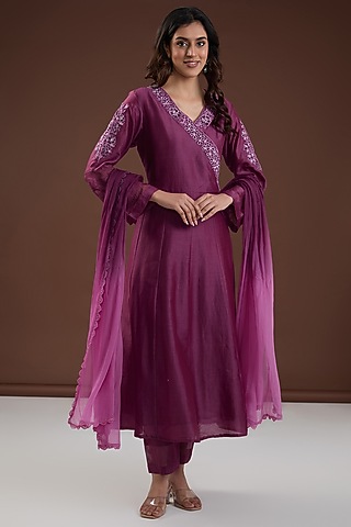 Aubergine Chanderi Silk Dori Embroidered Anarkali Set by FINE THREADS BY HINA & NIKHAT