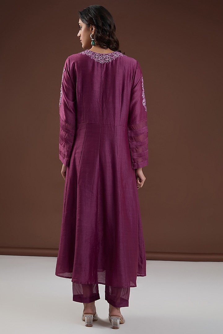 Aubergine Chanderi Silk Dori Embroidered Party Wear Anarkali Set by FINE THREADS BY HINA & NIKHAT at Pernia's Pop Up Shop