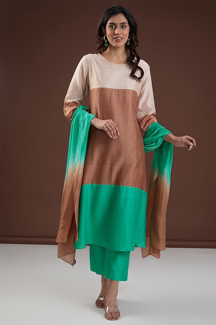 Multi-Colored Chanderi Silk Color Blocked A-Line Kurta Set by FINE THREADS BY HINA & NIKHAT