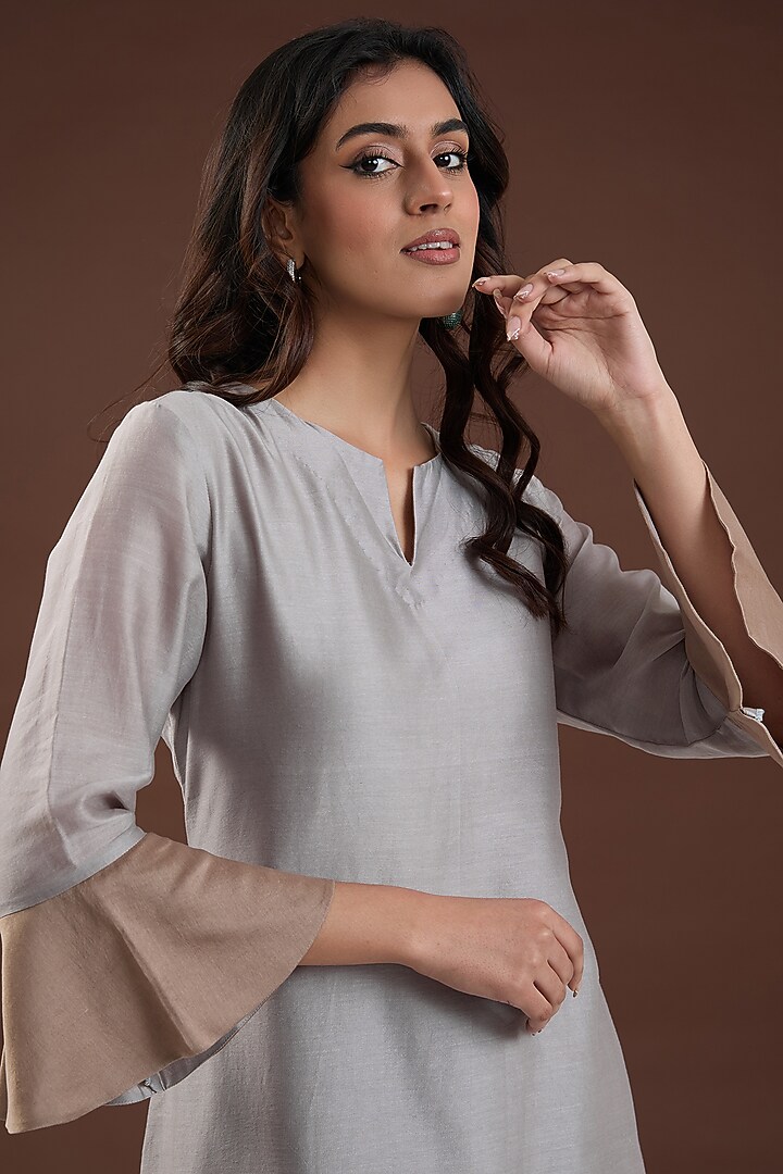 Steel Grey Chanderi Silk A-Line Kurta Set by FINE THREADS BY HINA & NIKHAT at Pernia's Pop Up Shop