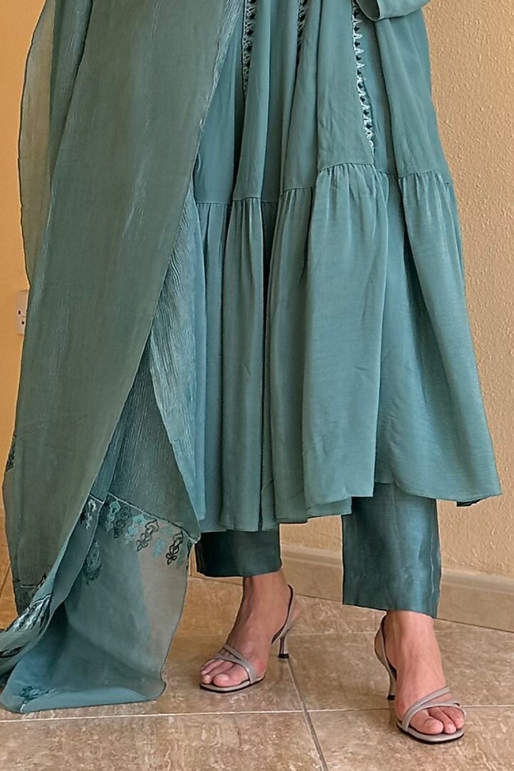 Jade Green Crepe Silk Thread Party Wear Anarkali Set by FINE THREADS BY HINA & NIKHAT at Pernia's Pop Up Shop