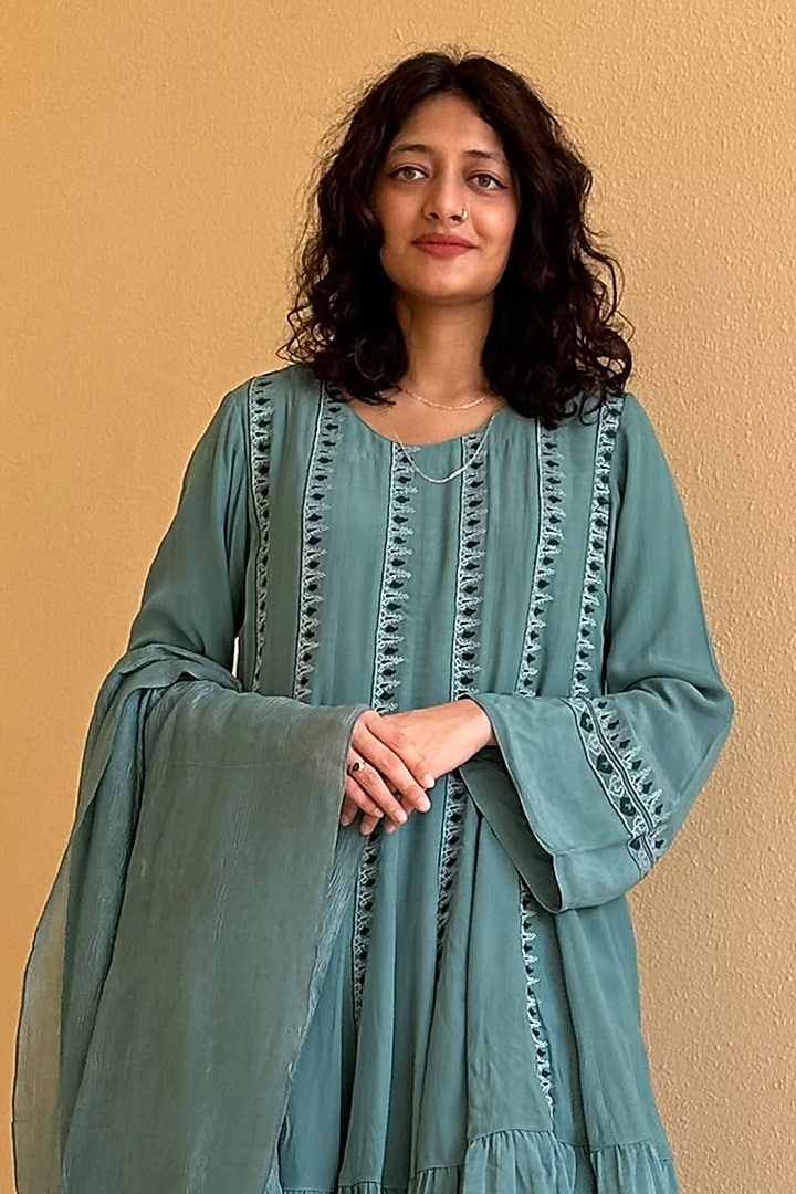Jade Green Crepe Silk Thread Party Wear Anarkali Set by FINE THREADS BY HINA & NIKHAT at Pernia's Pop Up Shop