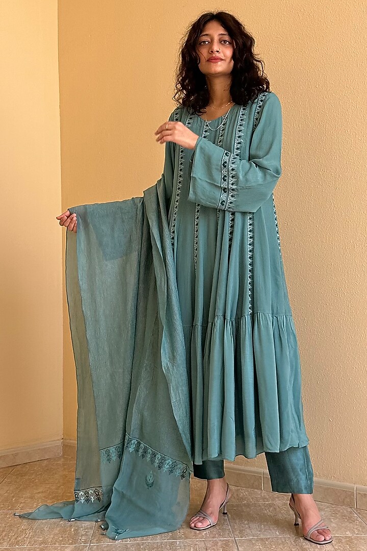 Jade Green Crepe Silk Thread Party Wear Anarkali Set by FINE THREADS BY HINA & NIKHAT at Pernia's Pop Up Shop