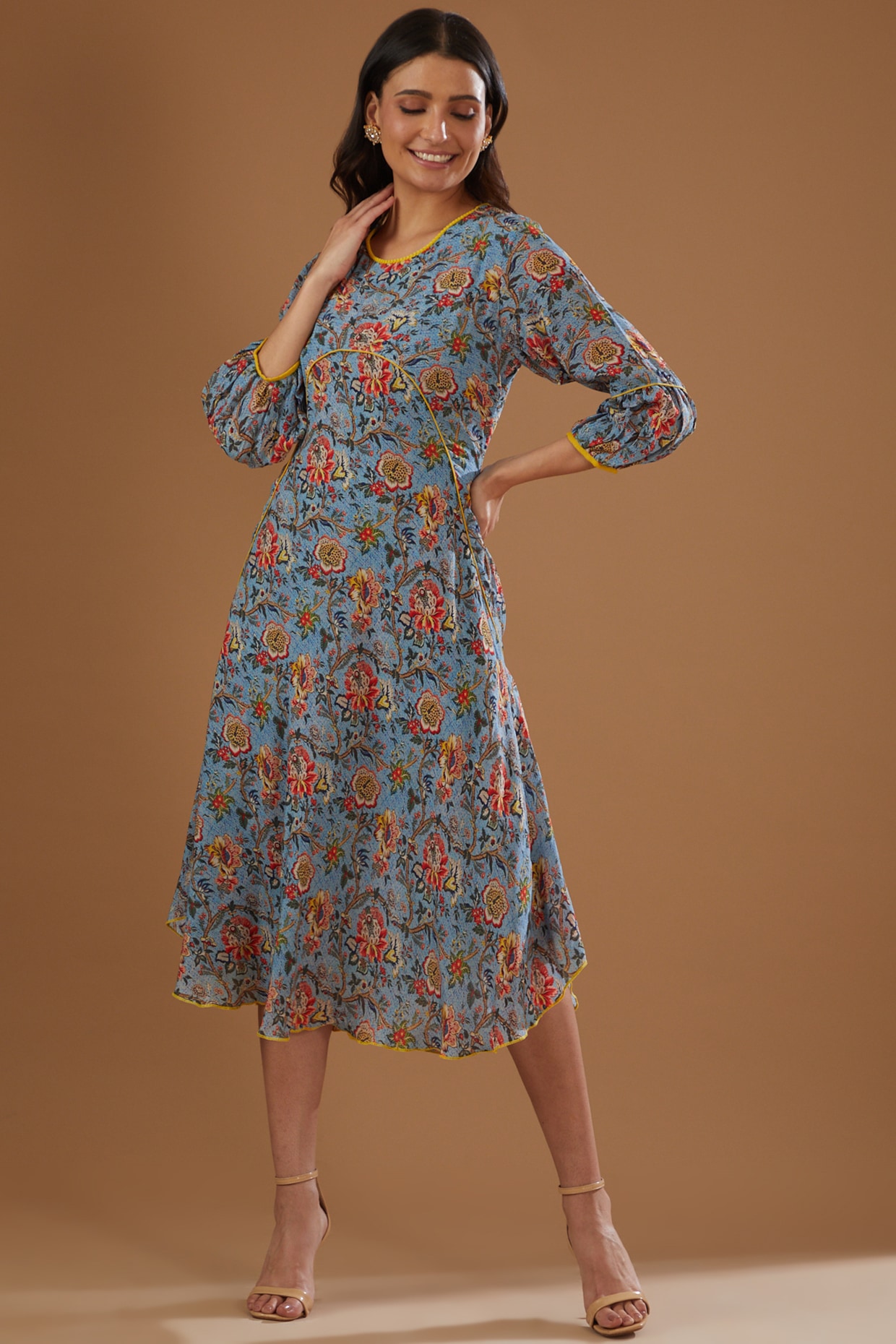 Blue Crepe Printed A Line Dress Design by FINE THREADS BY HINA