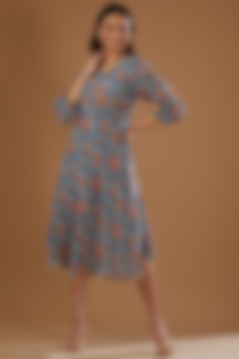 Blue Crepe Printed A-Line Dress by FINE THREADS BY HINA & NIKHAT