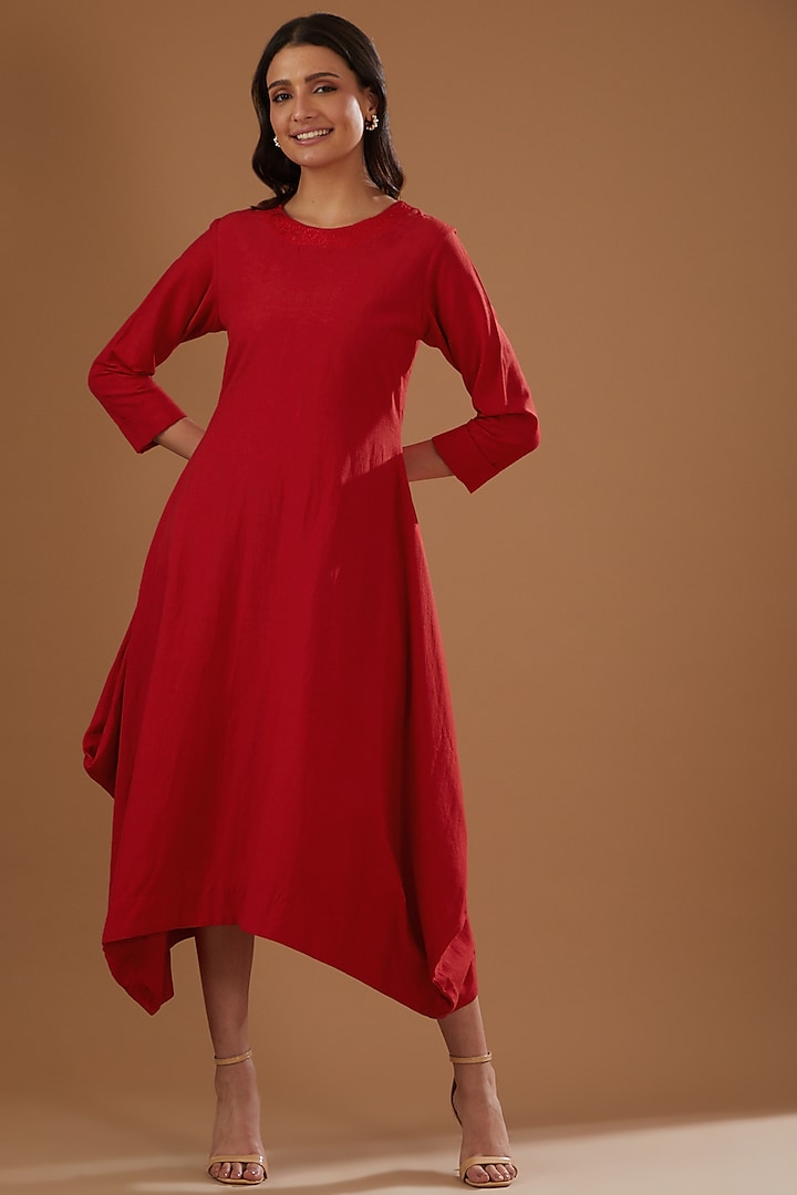 Red Cotton Linen Thread Embroidered Dress by FINE THREADS BY HINA & NIKHAT