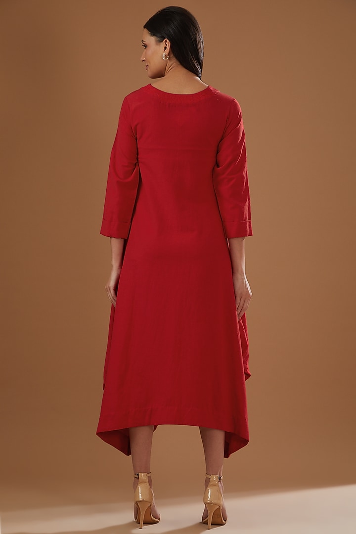 Red Cotton Linen Thread Embroidered Summer Dress by FINE THREADS BY HINA & NIKHAT at Pernia's Pop Up Shop