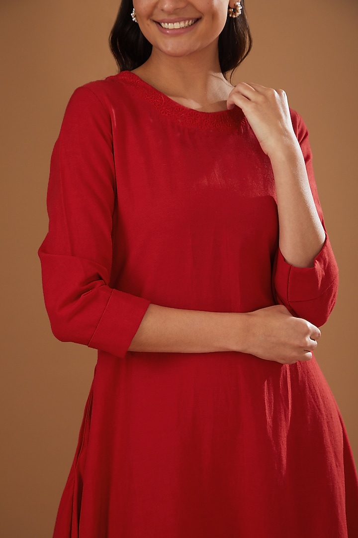 Red Cotton Linen Thread Embroidered Summer Dress by FINE THREADS BY HINA & NIKHAT at Pernia's Pop Up Shop