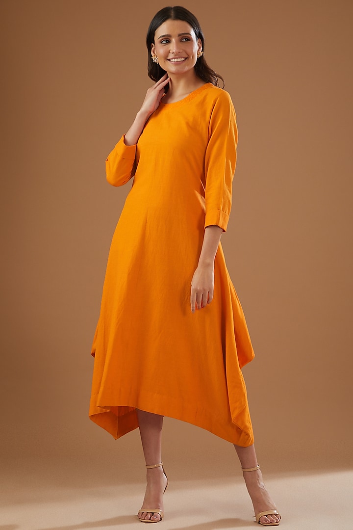 Orange Cotton Linen Thread Embroidered Dress by FINE THREADS BY HINA & NIKHAT